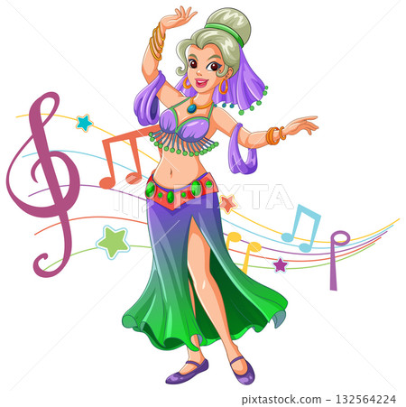 Smiling Belly Dancer Performing with Colorful Musical Notes 132564224