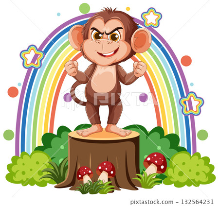 Confident Cartoon Monkey Standing on Tree Stump with Rainbow 132564231