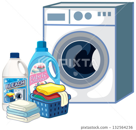 Washing Machine With Laundry Supplies and Clean Folded Towels Washing Machine With Laundry Supplies and Clean Folded Towels 132564236