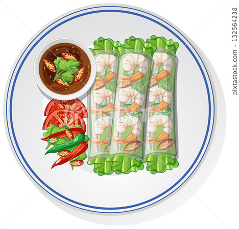 Shrimp Fresh Spring Rolls with Dipping Sauce on Plate 132564238
