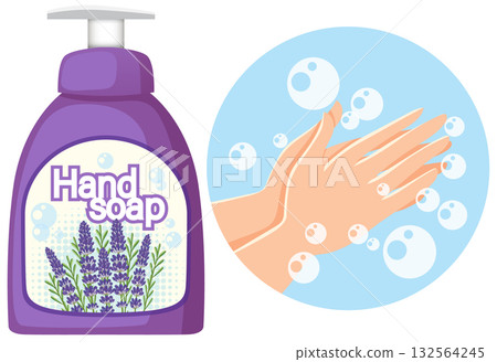 Lavender Hand Soap Bottle and Hands Washing with Bubbles 132564245