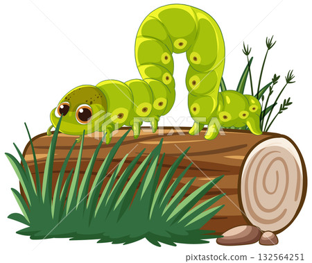 Green Caterpillar Crawling on Log in Grass Illustration Green Caterpillar Crawling on Log in Grass Illustration 132564251