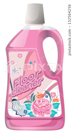 Pink Floor Cleaner Bottle with Floral Label Illustration Pink Floor Cleaner Bottle with Floral Label Illustration 132564256