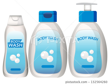 Three Body Wash Bottles with Blue Labels and Bubbles 132564260