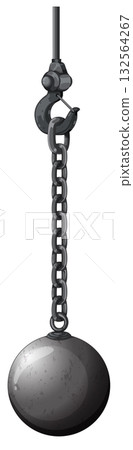 Heavy Steel Wrecking Ball Hanging by Chain and Hook 132564267