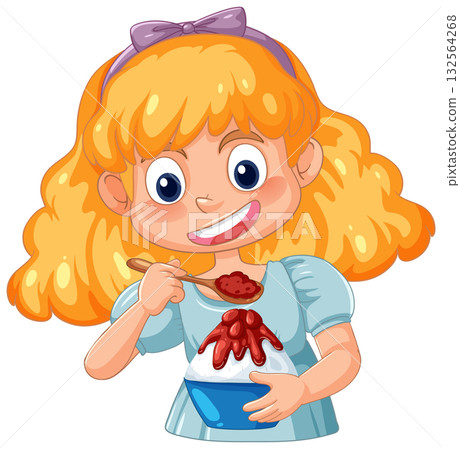 Smiling Girl Eating Shaved Ice Dessert With Syrup Smiling Girl Eating Shaved Ice Dessert With Syrup 132564268