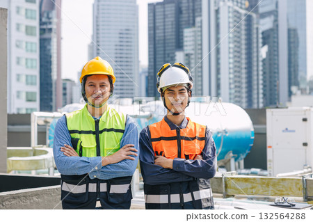 Professional engineer man team. Portrait confident teamwork piping engineering service with safety Professional engineer man team. Portrait confident teamwork piping engineering service with safety 132564288