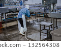 Quiet factory, plant worker cleaning production line convey belt prepare to close food factory 132564308