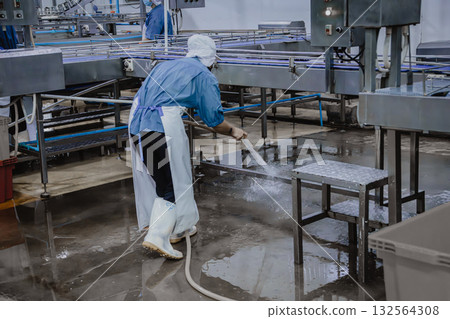 Quiet factory, plant worker cleaning production line convey belt prepare to close food factory Quiet factory, plant worker cleaning production line convey belt prepare to close food factory 132564308