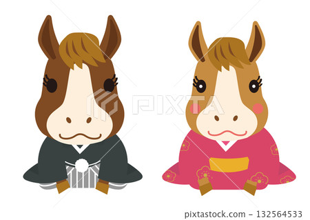 新年賀卡素材：可愛的雙頭馬情侶角色，穿著和服，插畫套裝，搖曳生姿 132564533