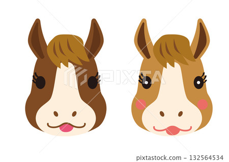 新年賀卡素材：可愛男女馬角色插畫套裝，吉祥物角色 132564534