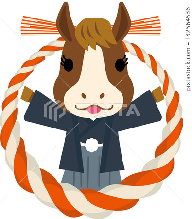 一個穿著日式服裝、繫著紅白注連繩的可愛雙頭馬吉祥物。馬年。新年賀卡素材。 132564536