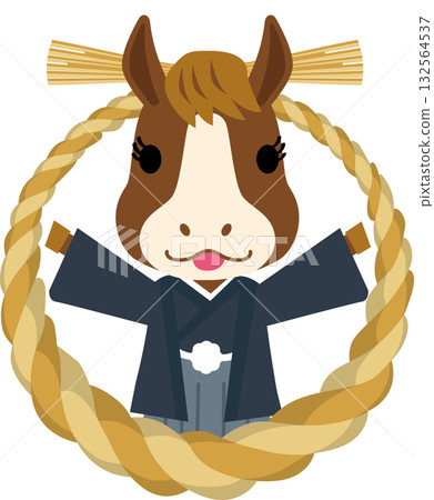 A cute 2-headed horse mascot in Japanese clothing with a shimenawa rope. Year of the Horse. New Year's card material. A cute 2-headed horse mascot in Japanese clothing with a shimenawa rope. Year of the Horse. New Year's card material. 132564537
