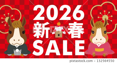 Sales promotion banner design for 2026, Year of the Horse, Japanese checkered pattern, Japanese-style New Year's sale, couple horse mascots Sales promotion banner design for 2026, Year of the Horse, Japanese checkered pattern, Japanese-style New Year's sale, couple horse mascots 132564550