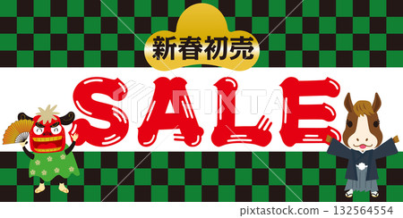 Sales promotion banner design for 2026, Year of the Horse, Japanese pattern, Japanese-style New Year's sale, Lion dance and horse mascot 132564554