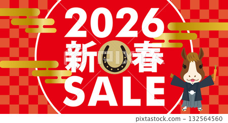 Sales promotion banner design for 2026, Year of the Horse, Japanese checkered pattern, Japanese-style New Year's sale, horse mascot Sales promotion banner design for 2026, Year of the Horse, Japanese checkered pattern, Japanese-style New Year's sale, horse mascot 132564560