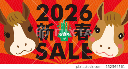 Sales promotion banner design for 2026, Year of the Horse, Japanese pattern, Japanese-style New Year's sale, couple horse mascots Sales promotion banner design for 2026, Year of the Horse, Japanese pattern, Japanese-style New Year's sale, couple horse mascots 132564561