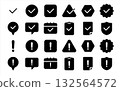 Exclamation mark and check icon set (attention, confirmation, warning mark) black and white, monochrome, silhouette 132564572