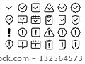 Exclamation mark and check icon set (attention, confirmation, warning mark) black and white, monochrome, line drawing 132564573