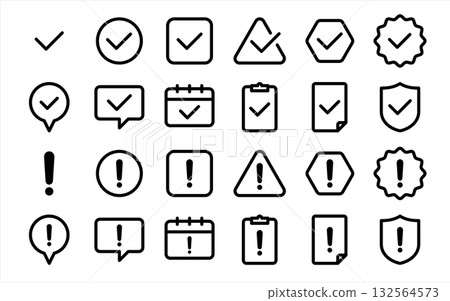 Exclamation mark and check icon set (attention, confirmation, warning mark) black and white, monochrome, line drawing 132564573