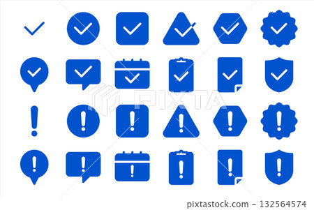 Exclamation mark and check icon set (attention, confirmation, warning mark) blue, color, silhouette Exclamation mark and check icon set (attention, confirmation, warning mark) blue, color, silhouette 132564574
