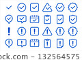 Exclamation mark and check icon set (attention, confirmation, warning mark) blue, color, line drawing 132564575