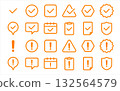 Exclamation mark and check icon set (attention, confirmation, warning mark) Orange color line drawing 132564579