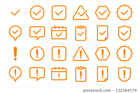 Exclamation mark and check icon set (attention, confirmation, warning mark) Orange color line drawing Exclamation mark and check icon set (attention, confirmation, warning mark) Orange color line drawing 132564579