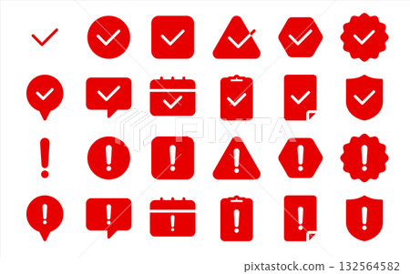 Exclamation mark and check icon set (attention, confirmation, warning mark) red, color, silhouette 132564582