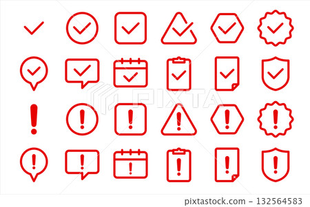 Exclamation mark and check icon set (attention, confirmation, warning mark) red, color, line drawing Exclamation mark and check icon set (attention, confirmation, warning mark) red, color, line drawing 132564583