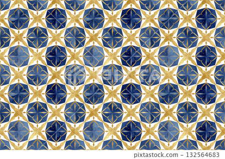 水彩風格的藏藍色和金色幾何圖案，無縫圖案背景 132564683