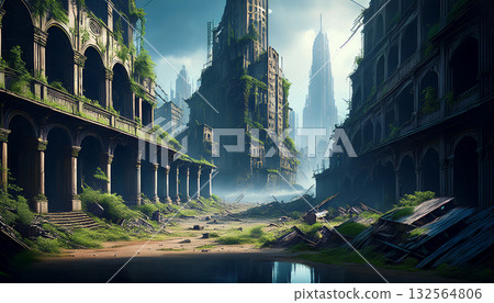 A ruined near-future city (AI-generated image) 132564806