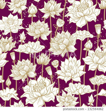 Seamless Lotus Flower Pattern in Vintage Botanical Style 132564862