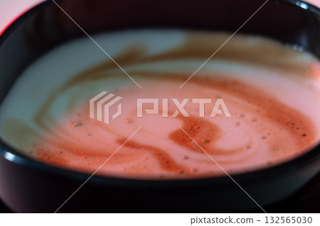 Close-up Latte Coffee With Swirled Milk Foam Art Close-up Latte Coffee With Swirled Milk Foam Art 132565030