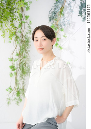 Japanese woman relaxing in a bright room 132565173