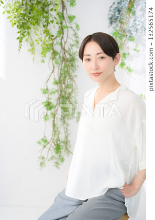 Japanese woman relaxing in a bright room 132565174