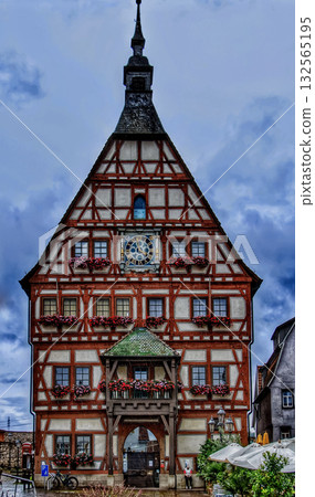 Historic Half Timbered Town Hall in Medieval German Town Besigheim Rathaus 132565195