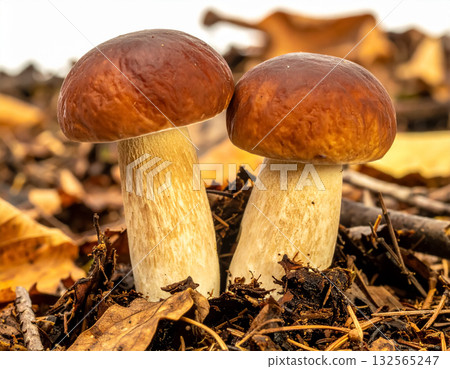 Two Brown Capped Mushrooms on Moist Forest Floor 132565247
