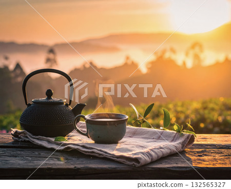 Steaming Tea at Sunset With Hillside View and Cast Iron Teapot 132565327