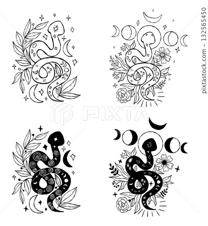 Mystical Snake with Moon Phase and Flowers Plants Set. Isolated Outline Black Textured Hand Drawings Doodle. Vector Illustration. Not AI 132565450