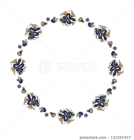 Mystical Snake Round Frame. Decorative circular floral wreath in dark blue Mysterious Kundalini, Flowers and magical potion bottles. Textured Hand Drawing Doodle. Vector Illustration. Not AI 132565457