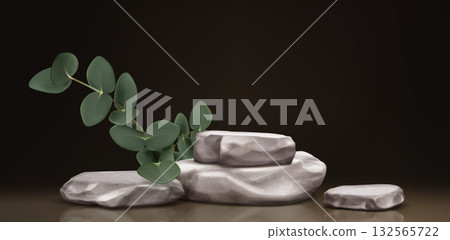 Stone podium with green eucalyptus branch on black 132565722