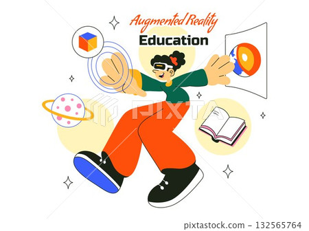 Augmented Reality Education Vector Illustration Featuring AR Modern Technology with Virtual Interface, Interactive Learning, and Digital Innovation 132565764