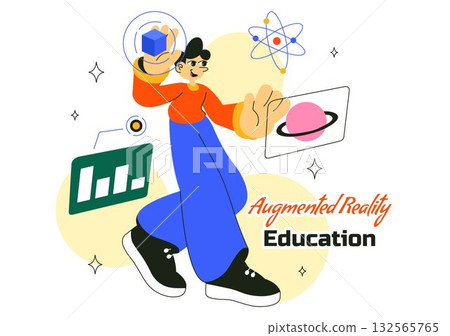 Augmented Reality Education Vector Illustration Featuring AR Modern Technology with Virtual Interface, Interactive Learning, and Digital Innovation Augmented Reality Education Vector Illustration Featuring AR Modern Technology with Virtual Interface, Interactive Learning, and Digital Innovation 132565765