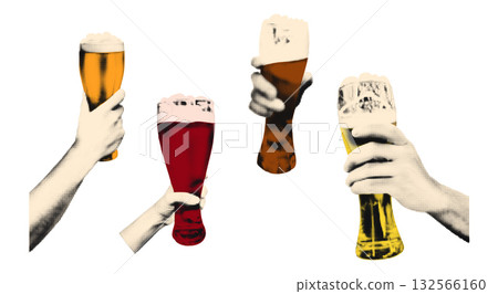 Trendy halftone collage elements set. Cutout hands holding various beer glasses, stickers with vintage dotted texture and doodles. Modern retro vector illustration for mixed media design Trendy halftone collage elements set. Cutout hands holding various beer glasses, stickers with vintage dotted texture and doodles. Modern retro vector illustration for mixed media design 132566160