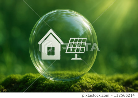 Hopeful clean energy ecosystem concept. glass sphere holding house icon and solar panel graphic, symbolizing environmental responsibility for sustainable green home 132566214