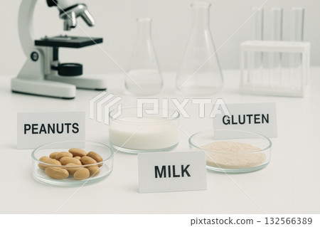 Quality control lab with allergen test materials for food safety. Labeled peanut, milk, and gluten on clean table, with sterile tone for serious scientific analysis Quality control lab with allergen test materials for food safety. Labeled peanut, milk, and gluten on clean table, with sterile tone for serious scientific analysis 132566389