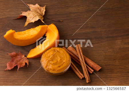 Autumn Pumpkin Spice butter. A cozy autumn composition with pumpkin, cinnamon sticks, 132566587