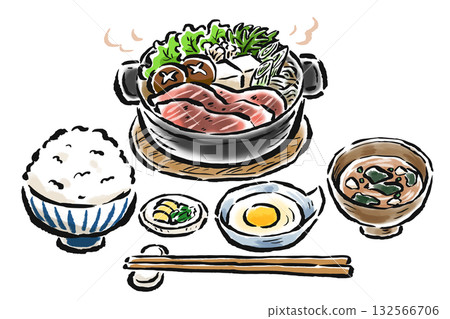 Sukiyaki set meal - brush-touch hand-drawn illustration 132566706