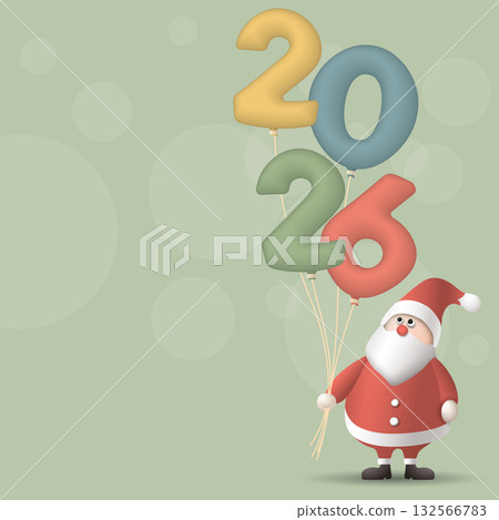 Santa Claus holding colorful balloons shaped like the number 2026 with green square background have blank space. 132566783
